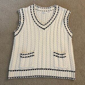 Cream Cable Knit Sweater Vest with Contrast Trim